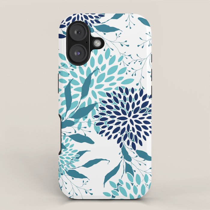 Floral Leaves and Blooms, Navy, Teal and White iPhone Case Gallery Image 1