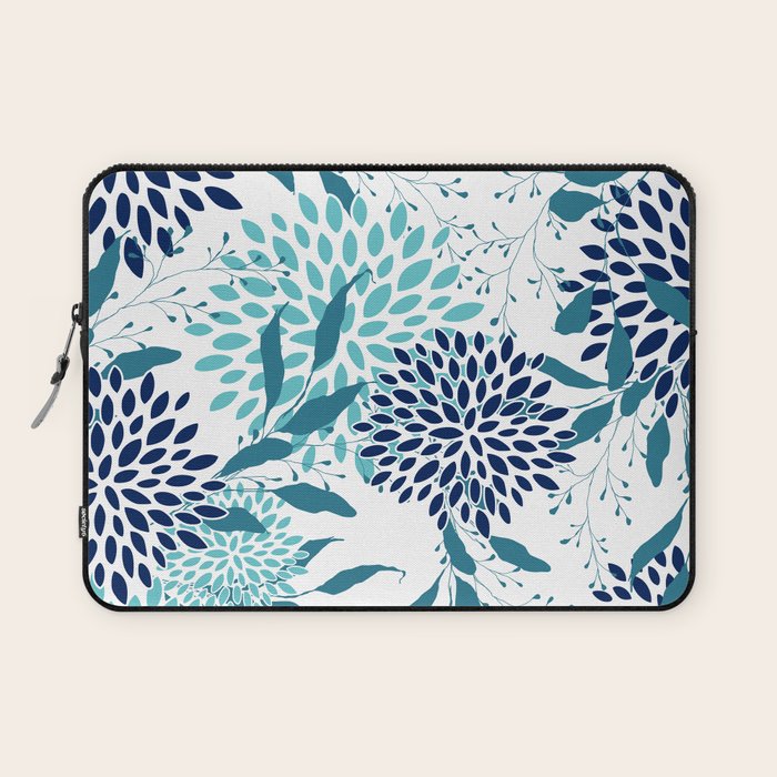 Floral Leaves and Blooms, Navy, Teal and White Laptop Sleeve Gallery Image 1