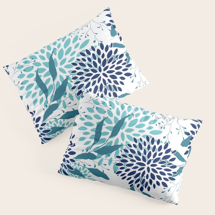 Floral Leaves and Blooms, Navy, Teal and White Pillow Sham Gallery Image 1