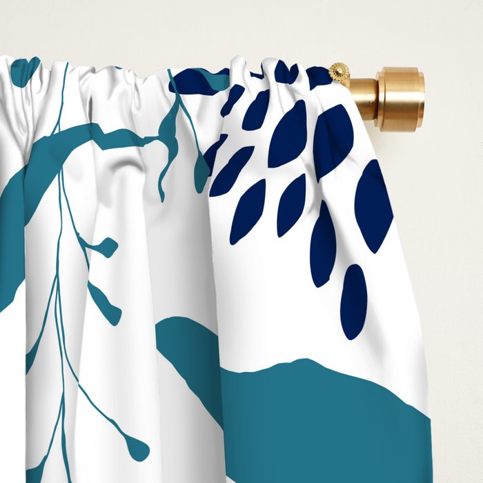 Floral Leaves and Blooms, Navy, Teal and White Window Curtain Gallery Image 2