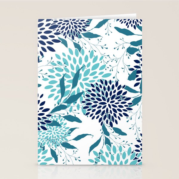 Floral Leaves and Blooms, Navy, Teal and White Stationery Card Gallery Image 2
