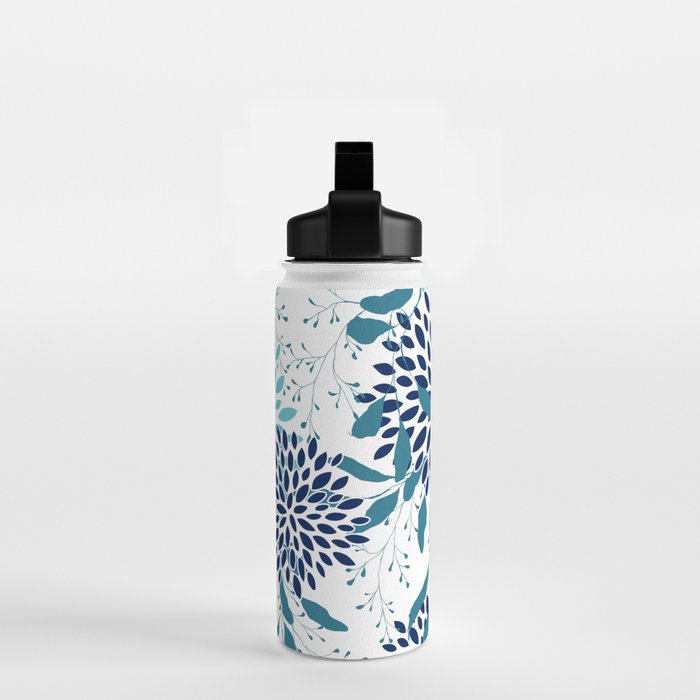 Floral Leaves and Blooms, Navy, Teal and White Water Bottle Gallery Image 2