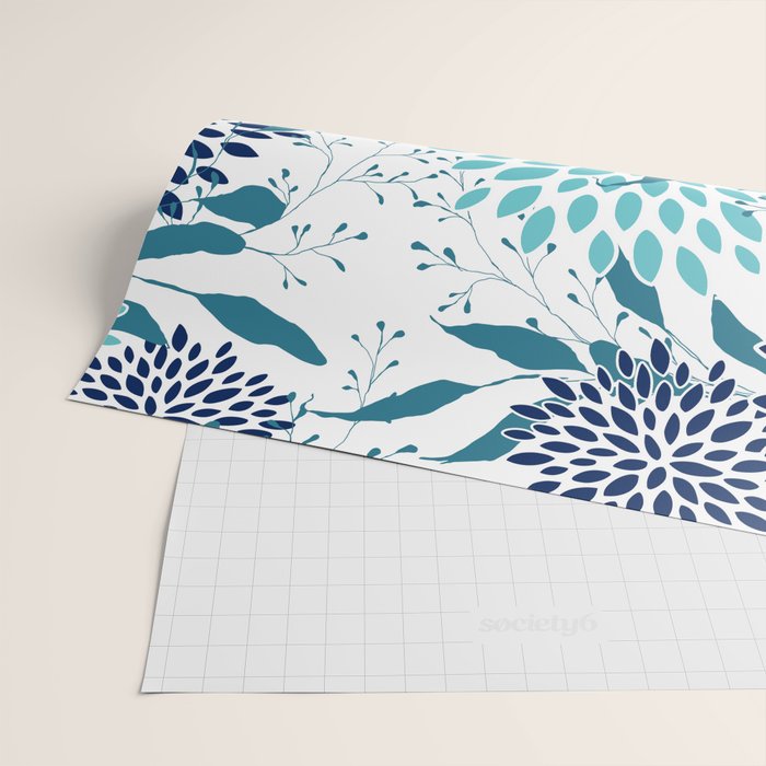 Floral Leaves and Blooms, Navy, Teal and White Wrapping Paper Gallery Image 2