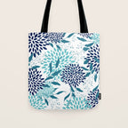 Floral Leaves and Blooms, Navy, Teal and White Tote Bag Gallery Image 1