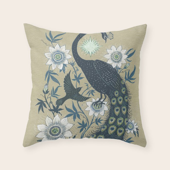 Peacock and Passionflower Throw Pillow Gallery Image 1