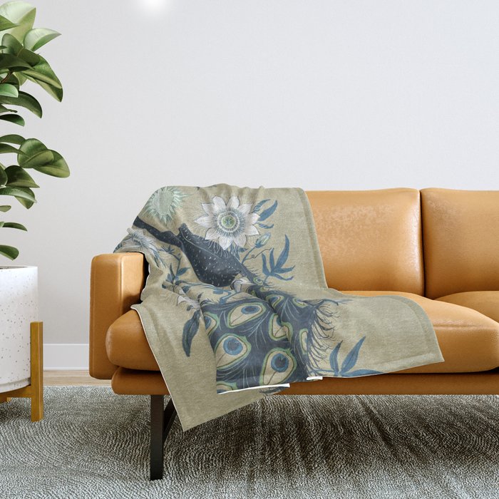 Peacock and Passionflower Throw Blanket Gallery Image 1