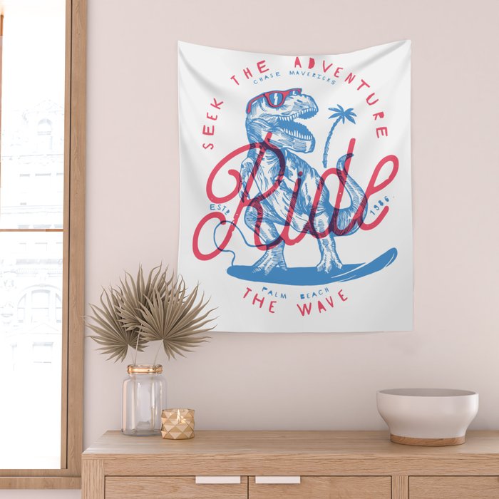 Surfing T-Rex Wall Tapestry Gallery Image 2