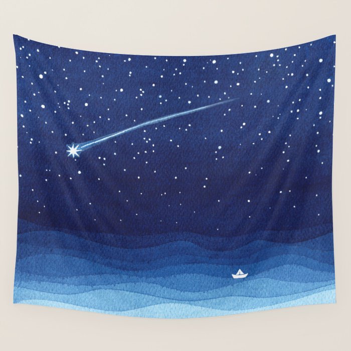 Falling star, shooting star, sailboat ocean waves blue sea Wall Tapestry Gallery Image 4