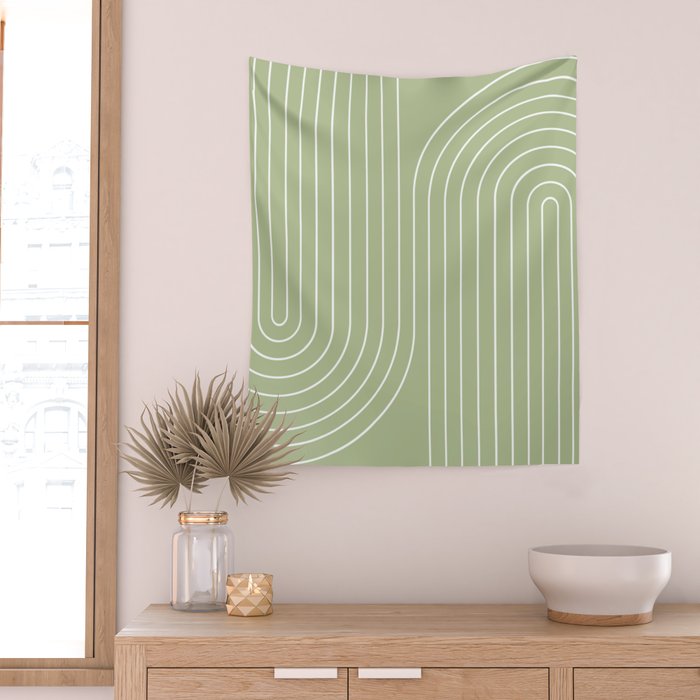 Minimal Line Curvature XXII Pastel Green Mid Century Modern Arch Abstract Wall Tapestry Gallery Image 2