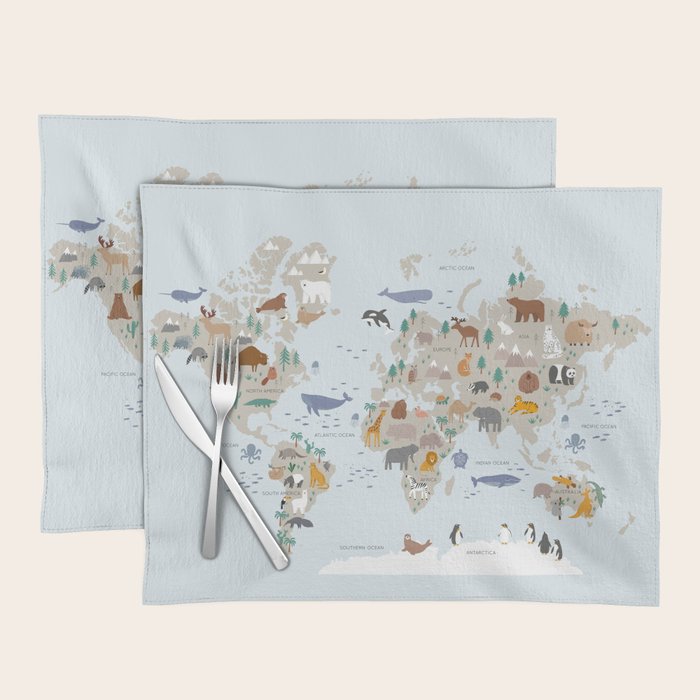 Animal World Map for Kids - Blue Placemat Gallery Image 1