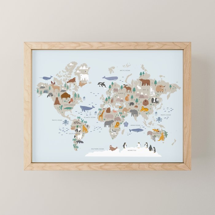 Animal World Map for Kids - Blue Mini Art Print Gallery Image 1