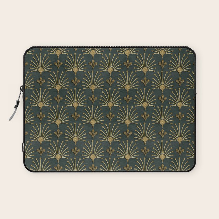 Retro Art Deco Pattern Gold On Green Velvet Laptop Sleeve