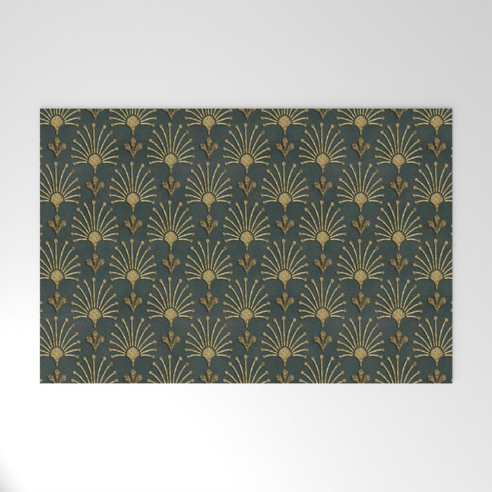 Retro Art Deco Pattern Gold On Green Velvet Welcome Mat