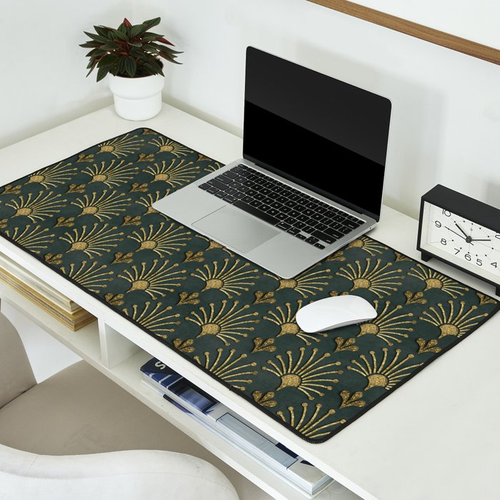 Retro Art Deco Pattern Gold On Green Velvet Desk Mat Gallery Image 2
