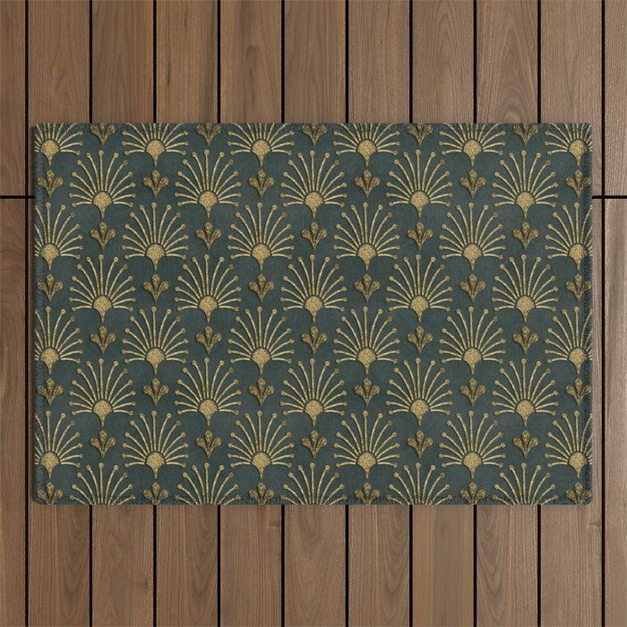Retro Art Deco Pattern Gold On Green Velvet Outdoor Rug Gallery Image 1