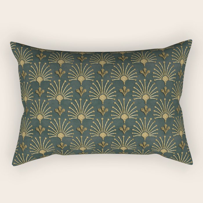 Retro Art Deco Pattern Gold On Green Velvet Rectangular Pillow Gallery Image 2