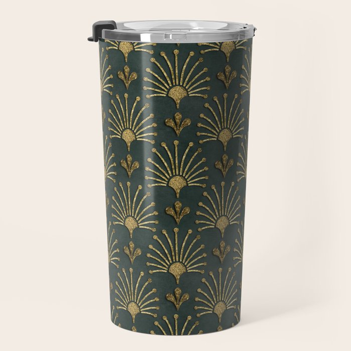 Retro Art Deco Pattern Gold On Green Velvet Travel Mug Gallery Image 3
