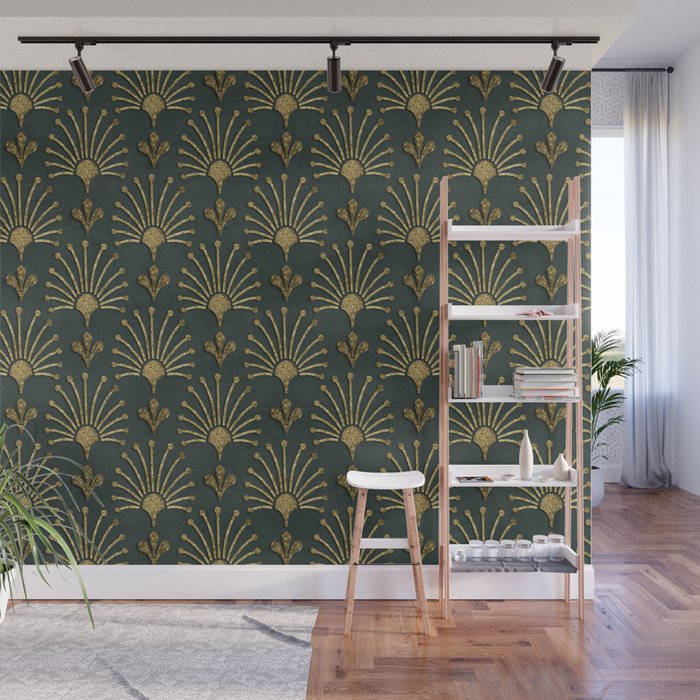 Retro Art Deco Pattern Gold On Green Velvet Wall Mural Gallery Image 1