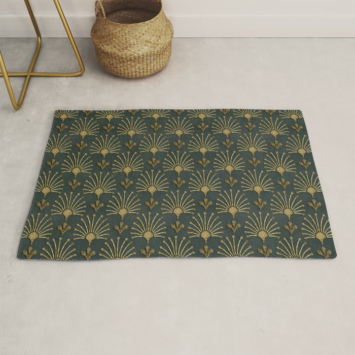 Retro Art Deco Pattern Gold On Green Velvet Rug Gallery Image 1