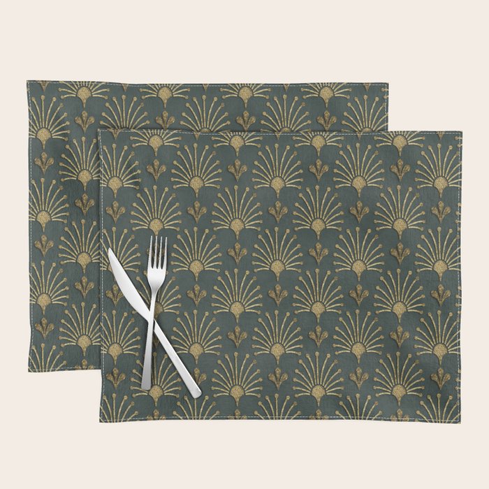Retro Art Deco Pattern Gold On Green Velvet Placemat Gallery Image 1
