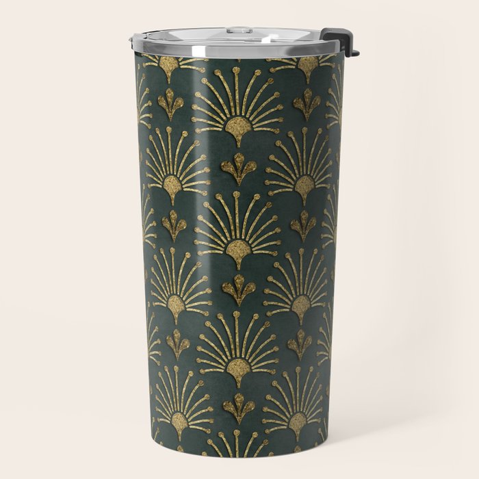 Retro Art Deco Pattern Gold On Green Velvet Travel Mug Gallery Image 2