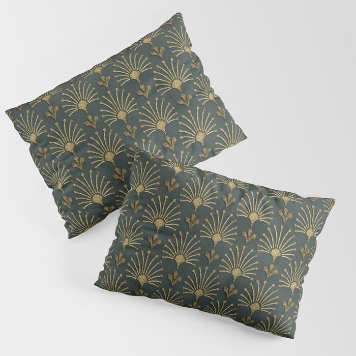 Retro Art Deco Pattern Gold On Green Velvet Pillow Sham Gallery Image 3