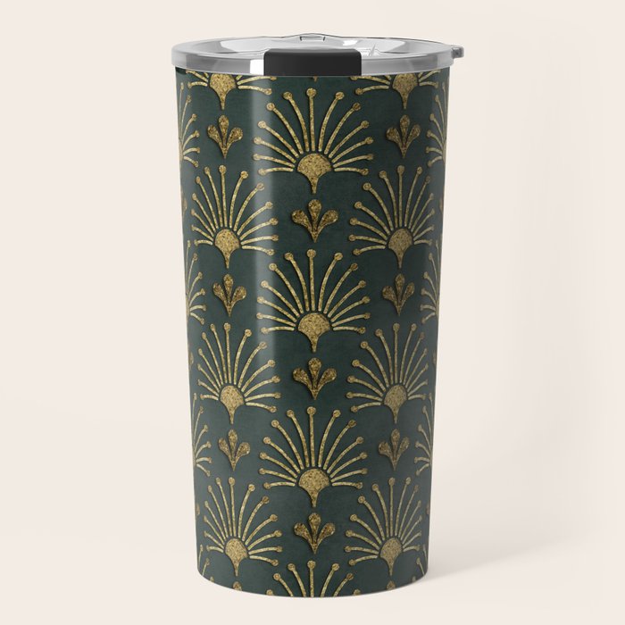 Retro Art Deco Pattern Gold On Green Velvet Travel Mug Gallery Image 1