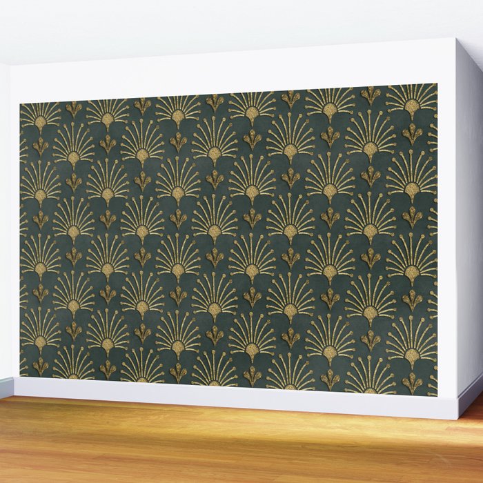 Retro Art Deco Pattern Gold On Green Velvet Wall Mural Gallery Image 2