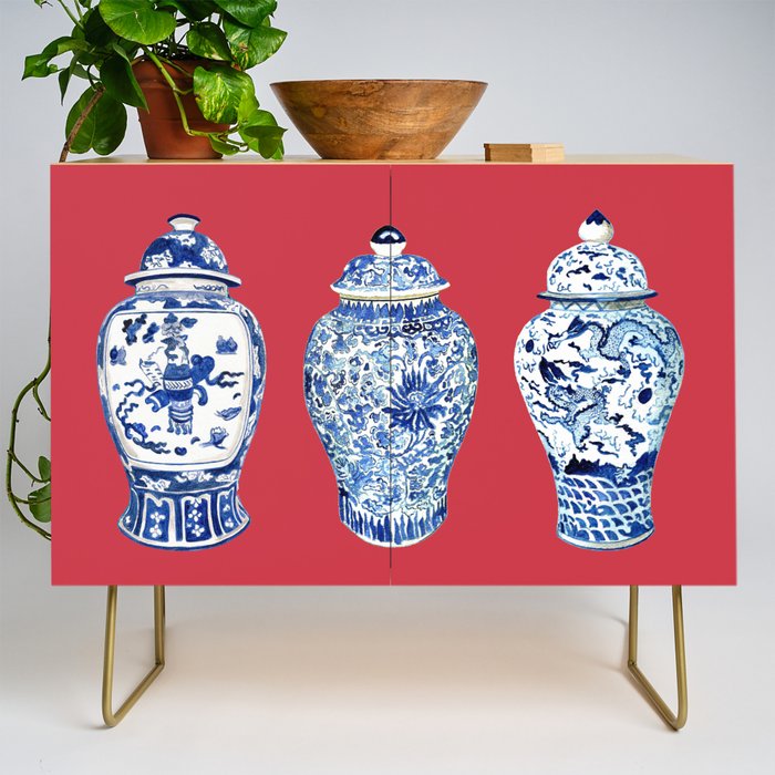 GINGER JAR TRIO ON RED Credenza Gallery Image 1
