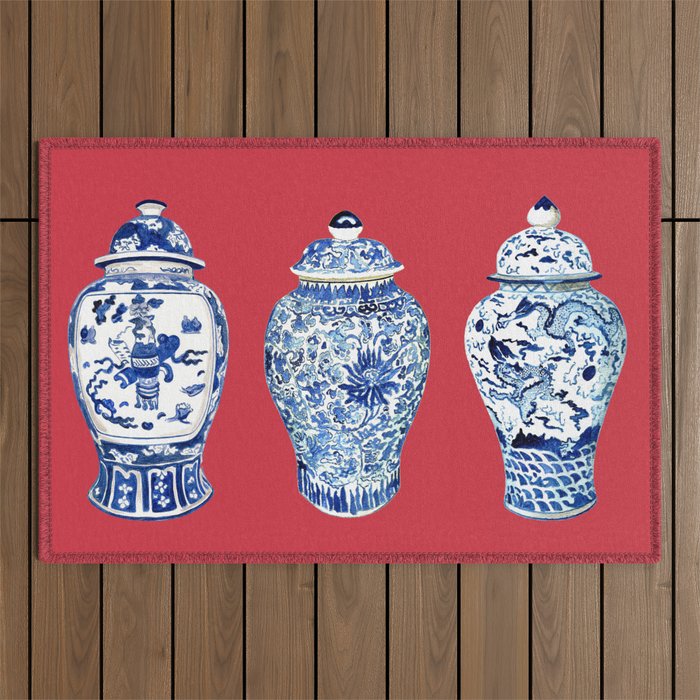 GINGER JAR TRIO ON RED Outdoor Rug Gallery Image 1