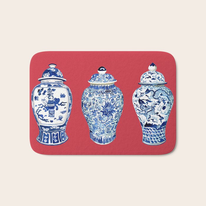GINGER JAR TRIO ON RED Bath Mat