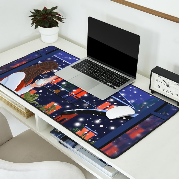 Romantic Snowy City Night Desk Mat Gallery Image 2