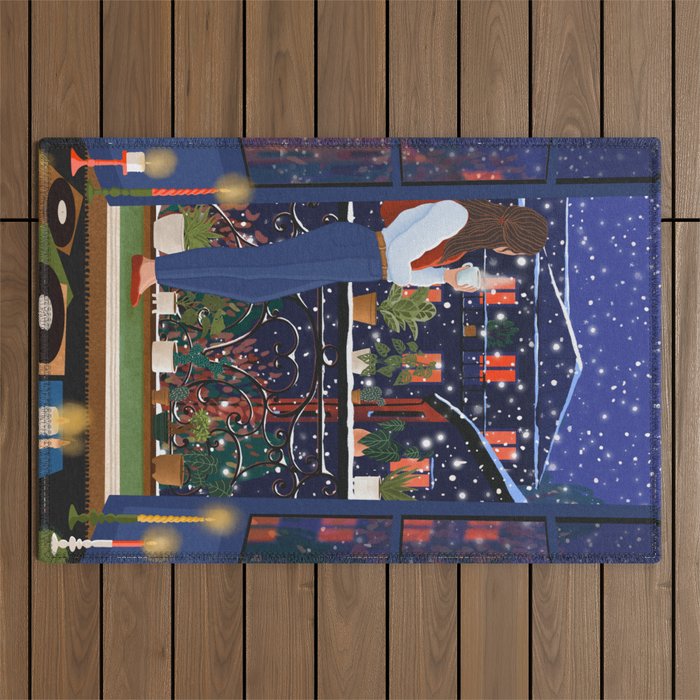 Romantic Snowy City Night Outdoor Rug Gallery Image 1