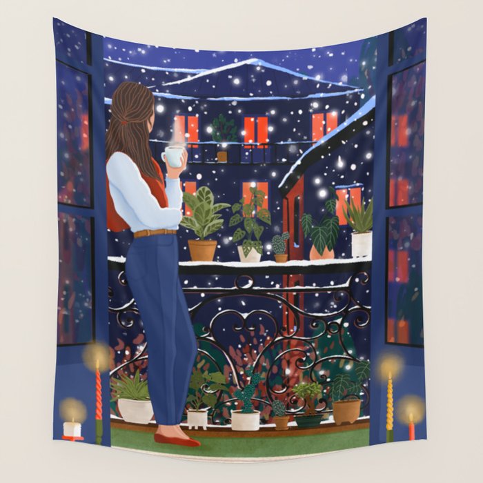 Romantic Snowy City Night Wall Tapestry Gallery Image 4