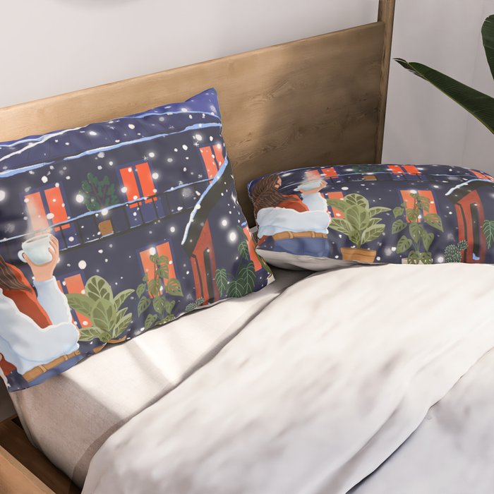 Romantic Snowy City Night Pillow Sham Gallery Image 2