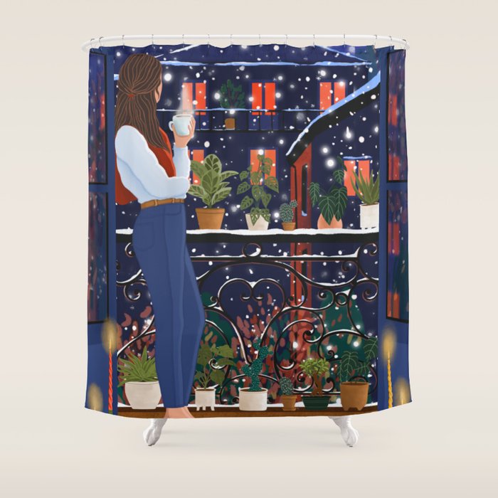 Romantic Snowy City Night Shower Curtain Gallery Image 1
