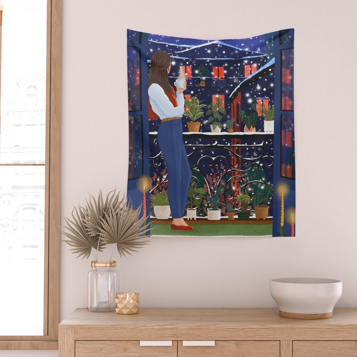 Romantic Snowy City Night Wall Tapestry Gallery Image 2