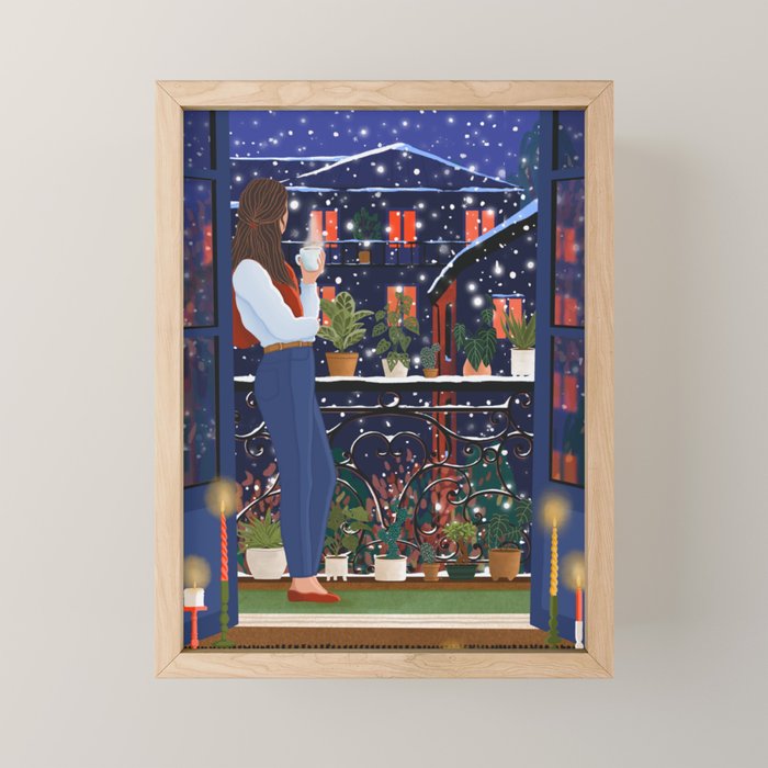 Romantic Snowy City Night Mini Art Print Gallery Image 1