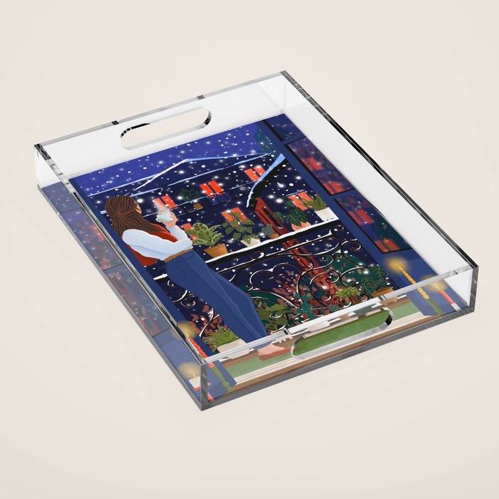 Romantic Snowy City Night Acrylic Tray Gallery Image 1