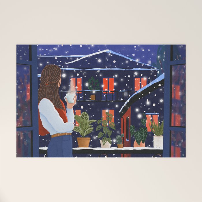 Romantic Snowy City Night Welcome Mat Gallery Image 1