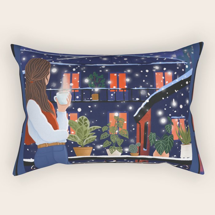 Romantic Snowy City Night Rectangular Pillow Gallery Image 2