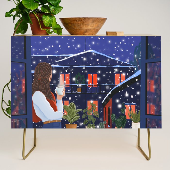 Romantic Snowy City Night Credenza Gallery Image 1