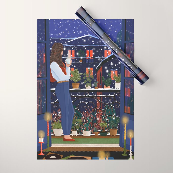 Romantic Snowy City Night Wrapping Paper Gallery Image 1