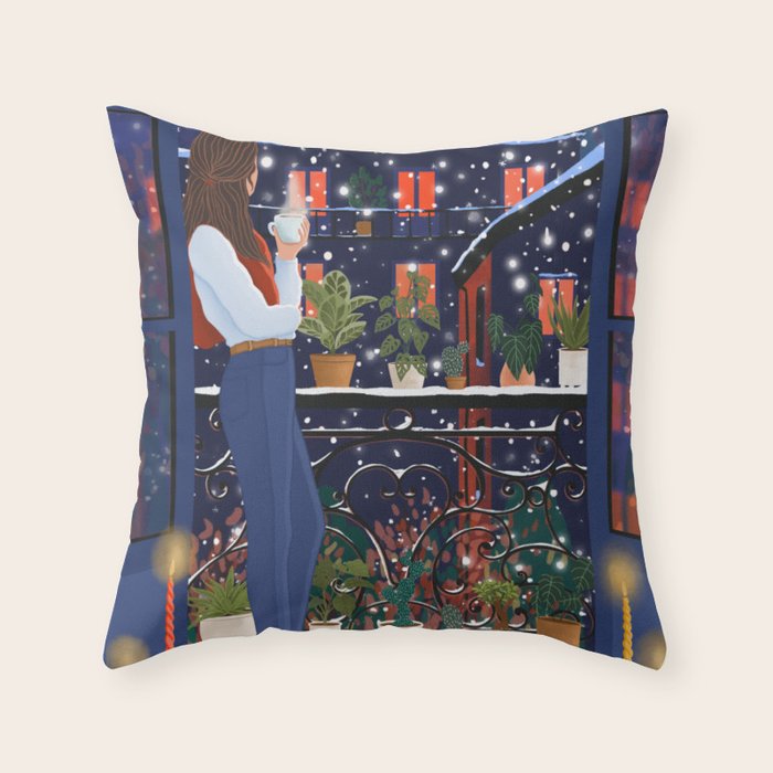 Romantic Snowy City Night Throw Pillow Gallery Image 1