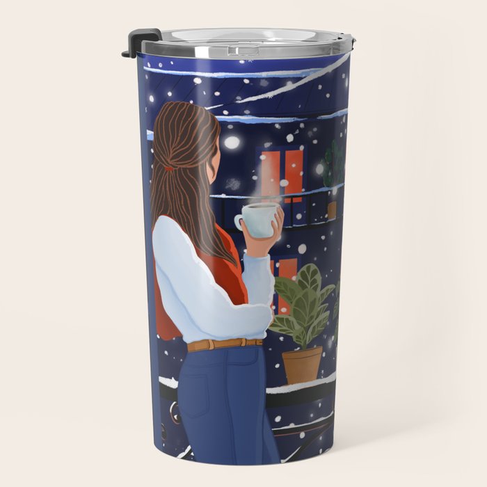 Romantic Snowy City Night Travel Mug Gallery Image 3