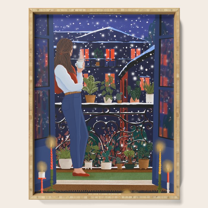 Romantic Snowy City Night Serving Tray Gallery Image 1