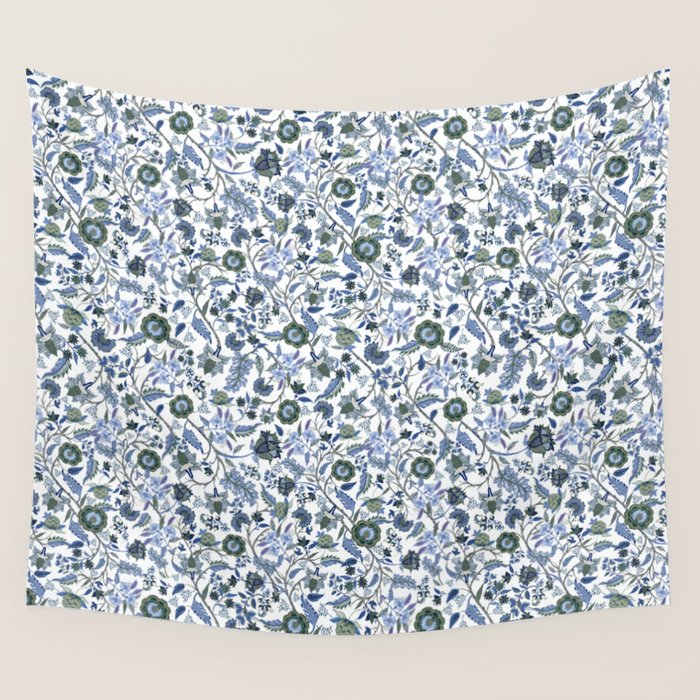Blue Chinoiserie, Chintz, Indian, vintage floral, 70s,  Wall Tapestry Gallery Image 1