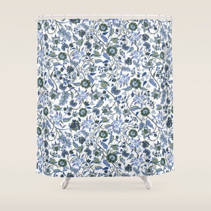 Blue Chinoiserie, Chintz, Indian, vintage floral, 70s,  Shower Curtain Gallery Image 1