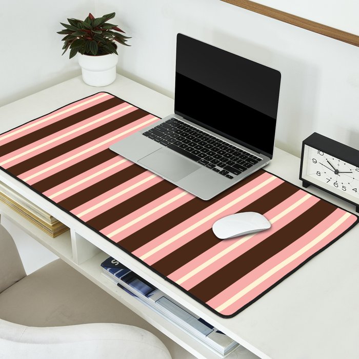 Old Fashioned Double Stripes Brown Pink Cream Narrow Vertical Stripe Pattern Desk Mat Gallery Image 2