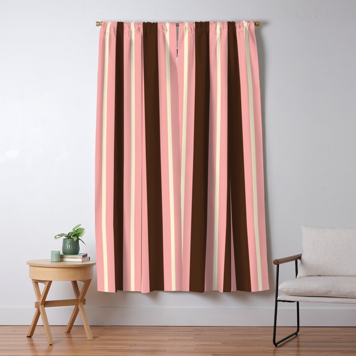 Old Fashioned Double Stripes Brown Pink Cream Narrow Vertical Stripe Pattern Window Curtain Gallery Image 5